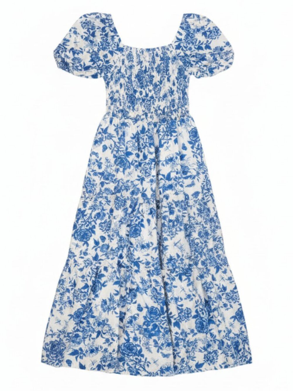 Blue & White Floral Smocked Maxi Dress